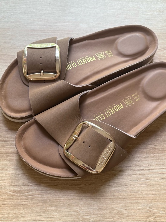 Project Cloud Shoes - Project Cloud Brown Slide Sandals with Gold Buckle